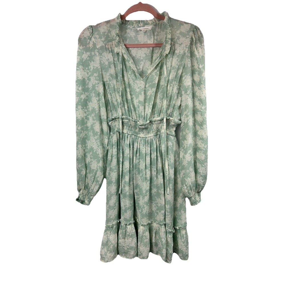 Blu Pepper Sage Green Floral Mini Dress Medium Cottagecore Boho Ruffle Smocked - Picture 2 of 10